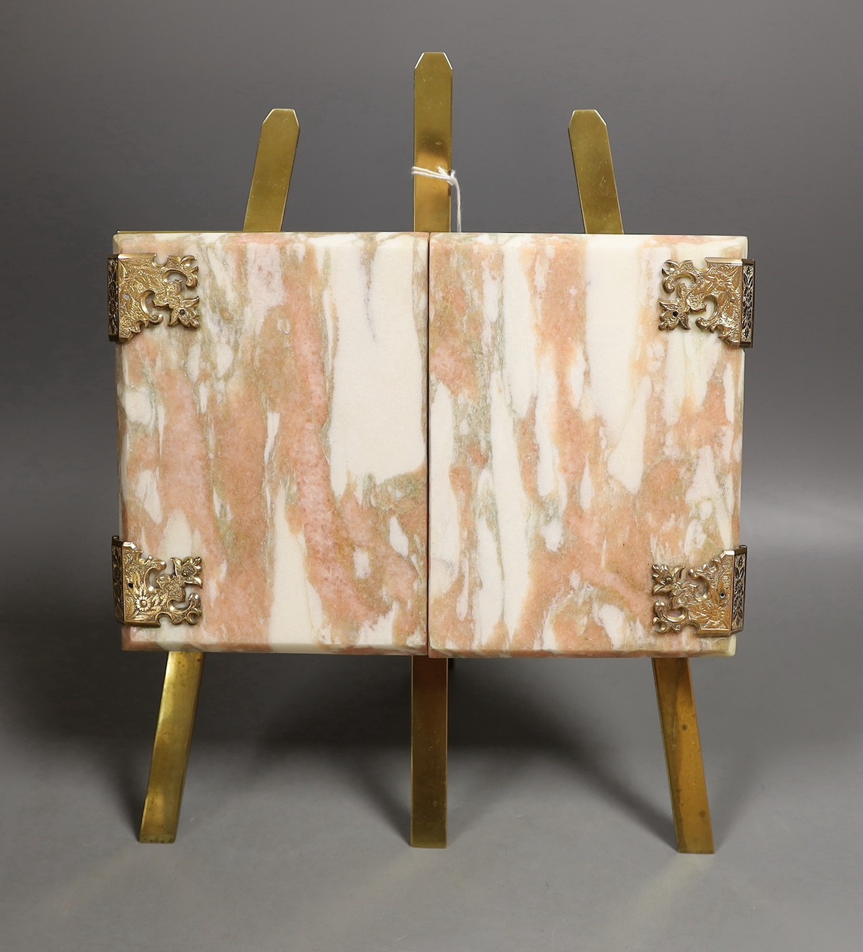 A brass and marble mounted diptych easel frame and a brass and agate mounted easel photo frame, largest, 24.5 cms wide x 32 cms high.